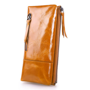 Women Vintage Oil Genuine Leather Long Wallets Zipper Billfold Purse Card Holder Coin Bags