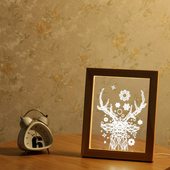 KCASA FL-715 3D Photo Frame Illuminative LED Night Light Wooden Christmas Deer USB Lamp