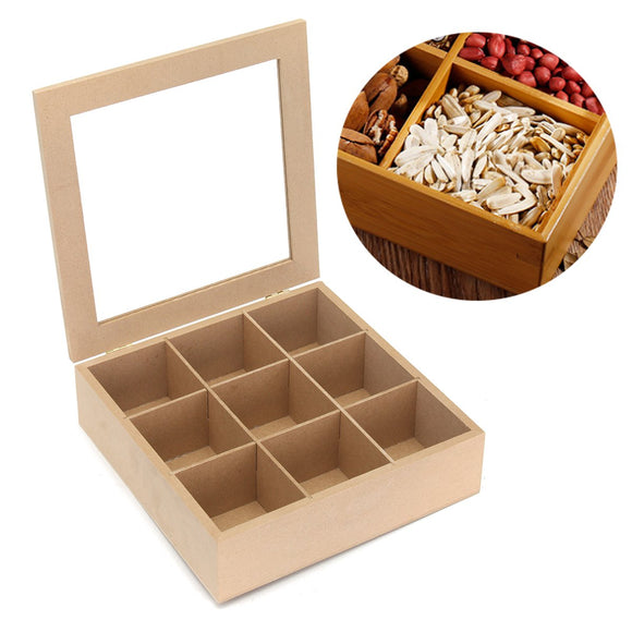 9 Compartments Wooden Tea Box Spice Display Box Hinged Glass Lid Kitchen Food Storage Case