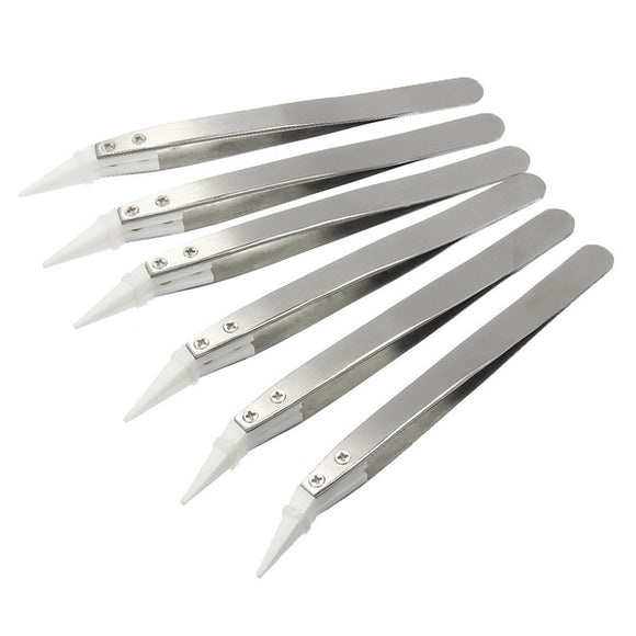 6Pcs Ceramic Tweezers Heat Resistant Non Conductive Stainless Steel Body Silve