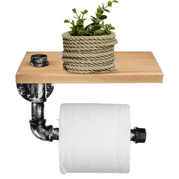 Industrial Silver Urban Rustic Iron Pipe Toilet Paper Roller Holder Bathroom Wood Shelf Storage