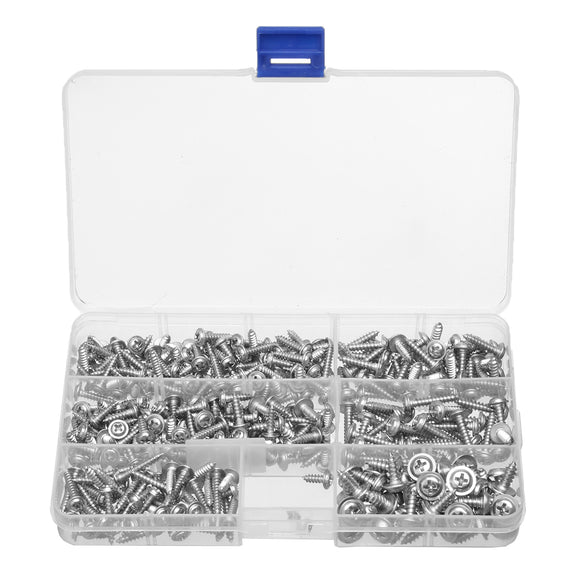 340Pcs Flange Self Tapping Screw Bolt Cross Head Silver Assorted Set with Case