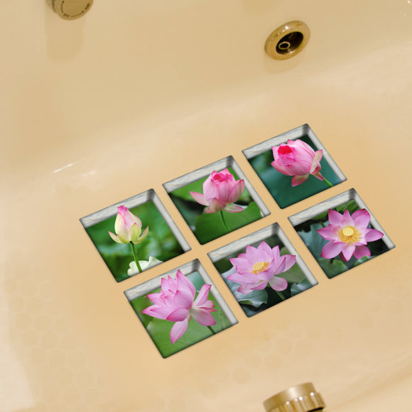 PAG 6pcs 13x13cm Lotus Pattern 3D Anti Slip Waterproof Bathtub Sticker