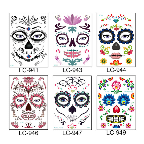 Halloween Cosplay Waterproof Temporary Skull Face Tattoo Sticker Makeup Dress Art Prop