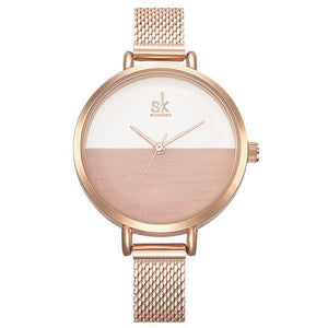 SK K0035 Luxury Women Watches Quartz Clock Creative Wood Pattern Dial Fashion Bracelet Watch