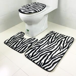 3 Sets Toilet Seat Zebra Pattern Carpet Fabric Printing Bathroom Mat Non-slip Floor Mat