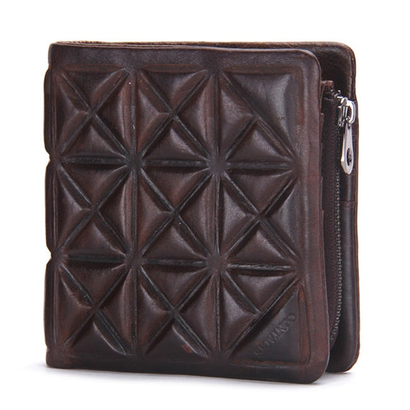 Genuine Leather Vintage Zipper Short Trifold Wallet For Men