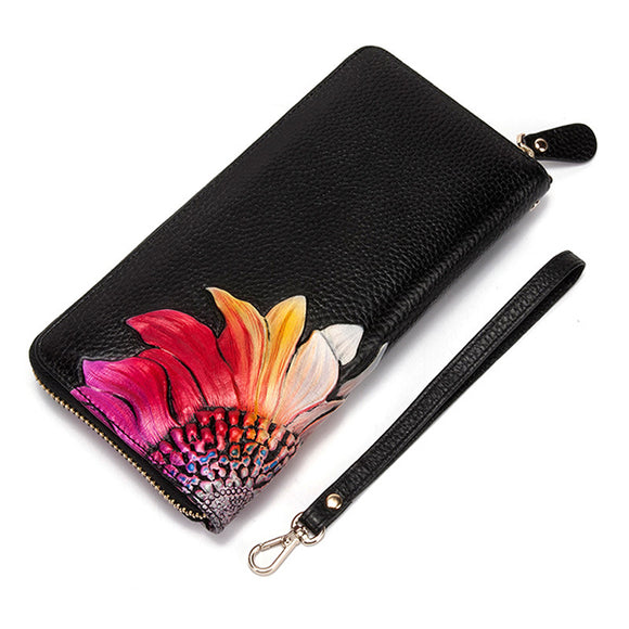 Brenice Women Cowhide Embossed Floral Long Wallet Vintage Zipper Clutch Bag Purse