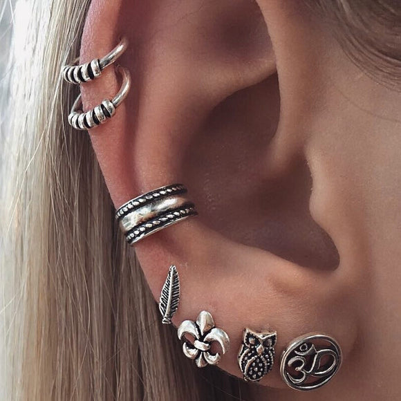 Punk Antique Silver Zinc Alloy Leaf Owl Anchor Earrings Set Vintage Jewelry for Women