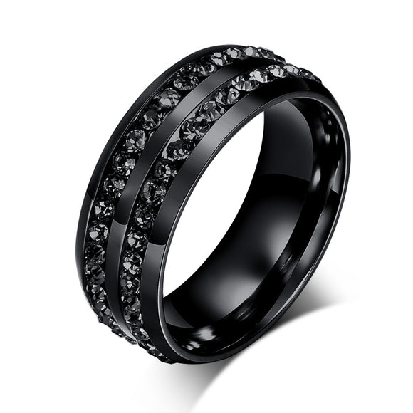 8mm Titanium Steel Men Ring Black Double Rhinestone Men Jewelry