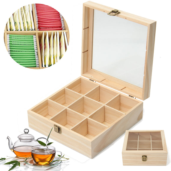 9 Compartments Tea Storage Box Jewelry Box Wooden Colour Container With Glass Top Chest Tin