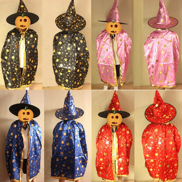 Childrens' Halloween Costume Wizard Witch Cloak Cape Robe and Hat for Boy Girl