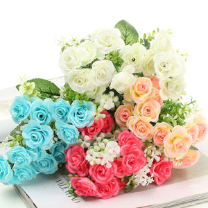 15 Head Artificial Rose Simulation Flower Leaf Bouquet Home Wedding Party Garden Decoration