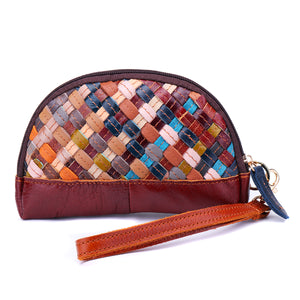 Women Genuine Leather Color Block Patchwork Clutch Bag Phone Bag Wallet Coin Purse