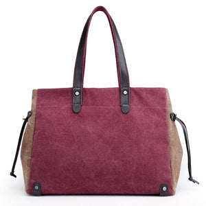 Women Quality Canvas Casual Large Capacity Color Block Tote Bag Handbag