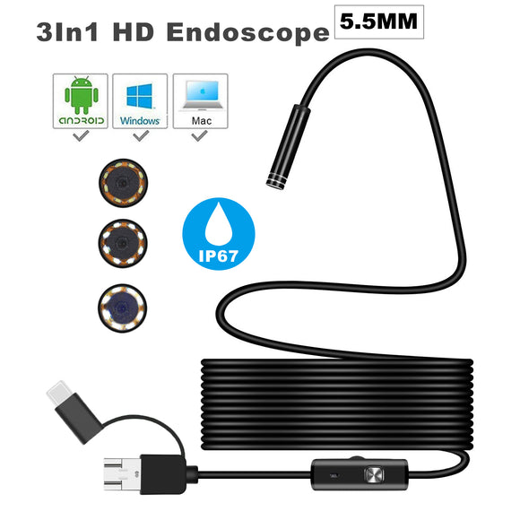 Bakeey 3 in 1 5.5mm 6Led Type C Micro USB Endoscope Inspection Camera Soft Cable for Android PC