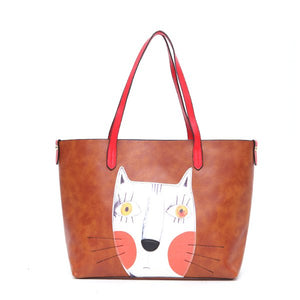 Women Cartoon Cat Printing Tote Handbags Ladies Graffiti Casual Shoulder Bags 2 Pcs