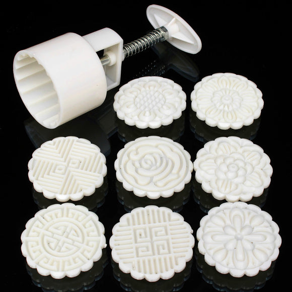 Round Mooncake Pastry Press Mold DIY Hand Pressure Flower Pattern Mould 75g w/ 8 Stamps