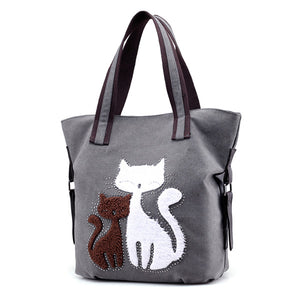 Women Cat Canvas Tote Bags Casual Shoulder Bags Capacity Shopping Bags