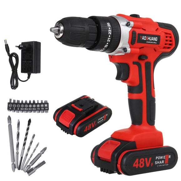 48V 25+3 Gear Rechargable Electric Drill Cordless Impact Drill Mini Wireless Electric Screwdriver With 1 or 2 Li-ion Battery