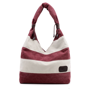 Women Casual Stripe Canvas Handbags Capacity Shoulder Bags Contrast Color