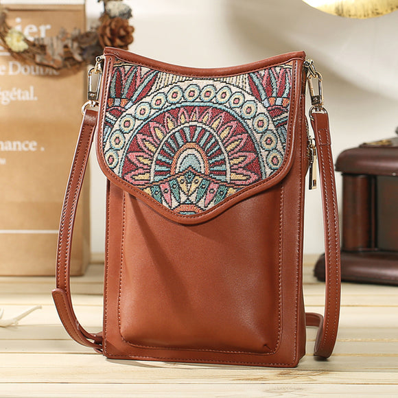 Brenice Bohemian Style Retro Canvas Floral Printing Women Phone Bag Shoulder Crossbody Bag