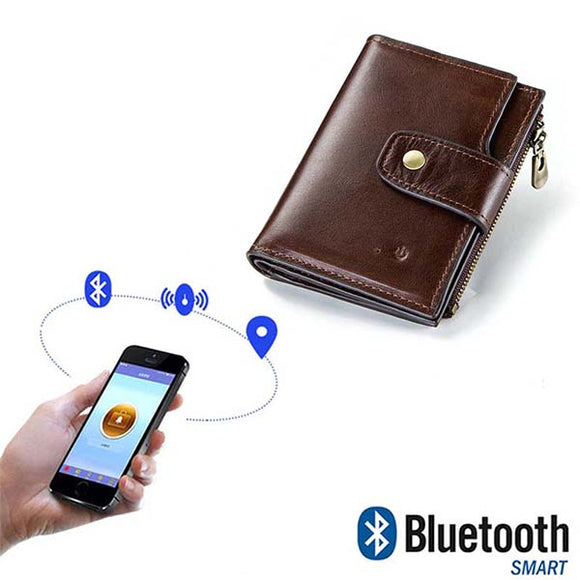 Men RFID Genuine Leather Short Smart Bluetooth Multi-function Twelve Card Slot Wallet