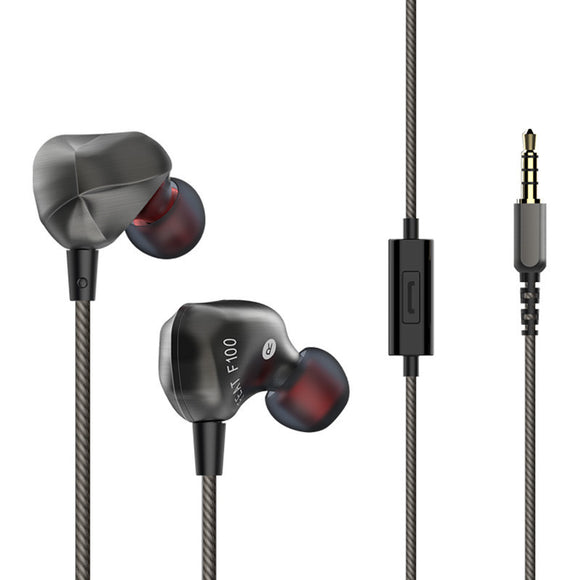 AUGLAMOUR F100 HiFi Dynamic Earphone 3.5mm Jack In-ear Metal Heavy Bass Sports Headset Headphone