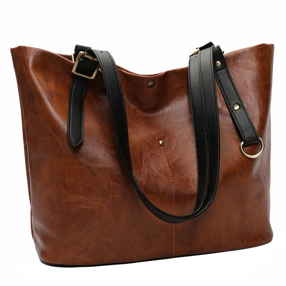 Large Capacity Tote Bag Solid Hangbag PU Fashion Bag for Women