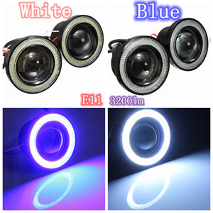 12V Car 3inch COB LED Halo Projector Fog Angel Eyes Blue White Ring Light Headlight