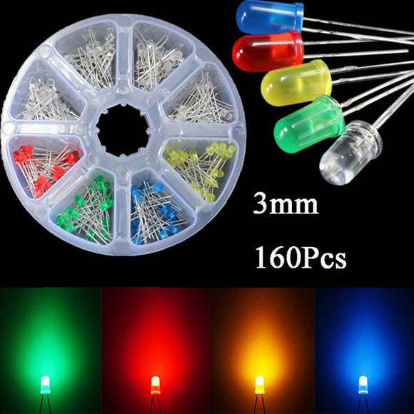 160pcs 3mm LED Diodes Yellow Red Blue Green Light Assortment DIY Kit