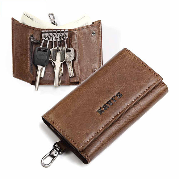 Men Key Chain Key Bag Coin Pocket Trifold Mini Genuine Leather Wallet