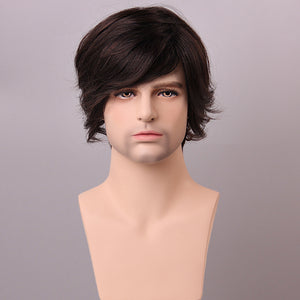 Fluffy Medium Brown Men Human Hair Wig Male Mono Top Virgin Remy Capless Side Bang