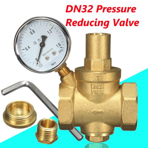 DN32 Brass Water Pressure Reducing Valve + Water Flow Pressure Gauge