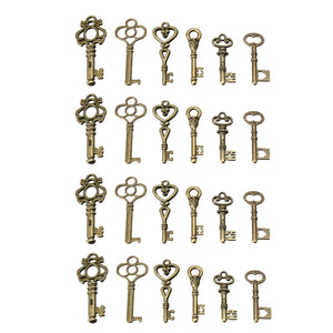 24 Antique Old Vintage Look Skeleton Keys Lot Bronze Tone Pendants Jewelry Mix Set