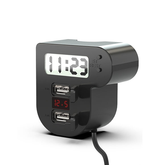 12V-24V 1.5A 3.1A Dual USB Charger Voltmeter Clock Display Waterproof Motorcycle Handlebar Mounting