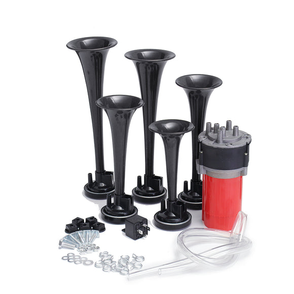 5pcs 178DB 12V Compressor Air Horn Kit Trumpets Black Dukes Car Truck