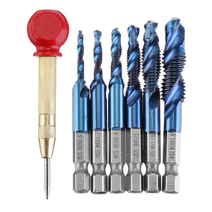 Drillpro 6pcs M3-M10 Combination Drill Tap Bit Set HSS Blue Nano Deburr Countersink Bits with Automatic Center Pin Punch