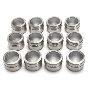 12Pcs Stainless Steel Magnetic Spice Tin Kitchen Storage Container Jars Clear Lid