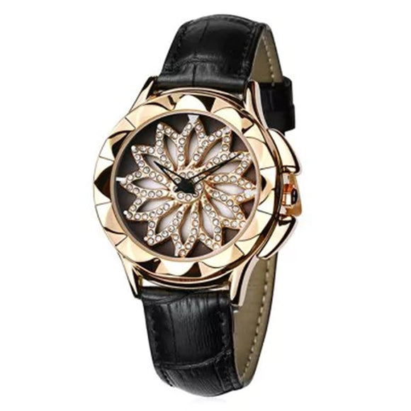 Rotation Diamond Ladies Wrist Watch Genuine Leather Strap Quartz Movement Watch