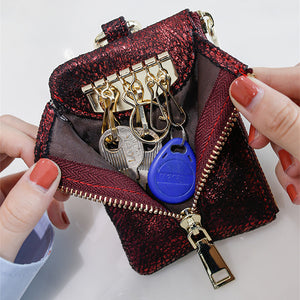 Women Faux Leather 6 Key Holder Key Bag Purse Sequin Coin Wallet