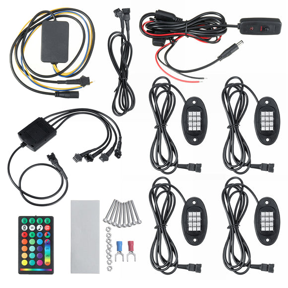 4PCS 12V RGB LED Mini Rock Light Under Body Lamp Turn Signal Break Voice RF Remote Control For Car Motorcycle Truck SUV