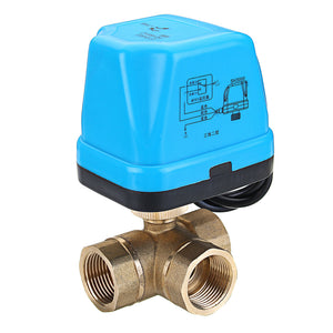 TMOK 1/2 3/4" 1" Blue Shell 3 Way Motorized Electric Brass T Ball Valve 3 Wire AC 220V Full Port"