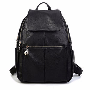 Women Simple Style PU Leather Black Travel Shoulder Backpack