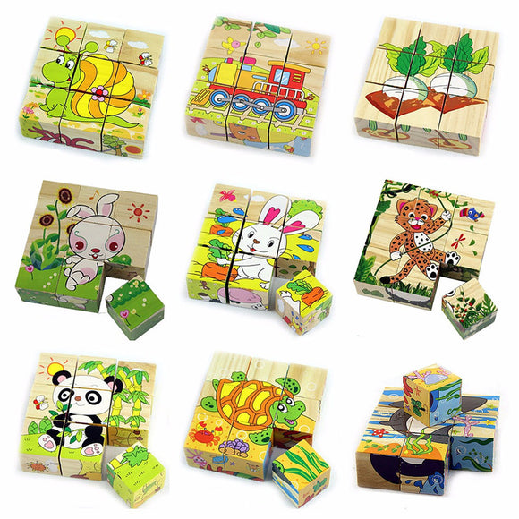 9PCS/Set Wooden Six Side Painting Puzzle Blocks Colorful Educational Wooden Kids Toys