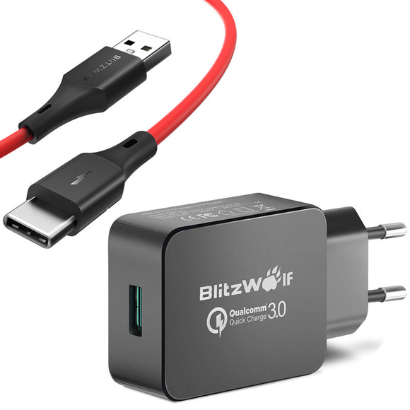 BlitzWolf BW-S5 QC3.0 18W USB Charger EU Adapter + BW-TC14 3A USB Type-C Charging Data Cable 3ft/0.91m