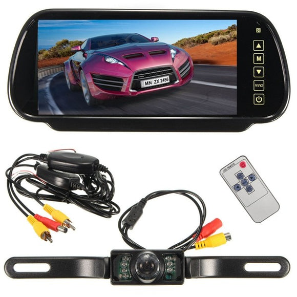 Wireless 7Inch LCD Mirror Monitor + IR Car Rear View Reversing Camera Backup Kit