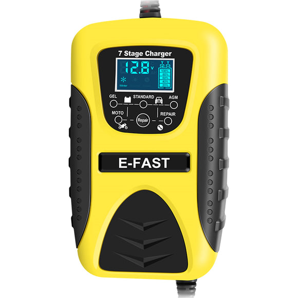 E-FAST 12V 7A Pulse 7 Stage Repair LCD Battery Charger Yellow For Car Motorcycle Lead Acid Battery Agm Gel Wet