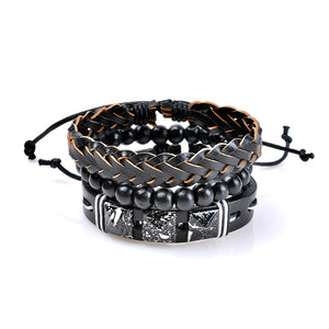 3 Pcs Wholesale Men's Bracelet Vintage Punk Bead Woven Leather Bangle Wristband Unisex