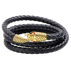 Men's Alloy Snake Head Multilayer Punk Leather Bracelet Serpentine Weave Bangle Chain